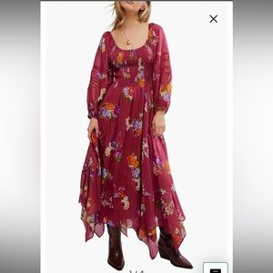 NWT Free People Floral Smocked Long Sleeve Maxi Dress Burgundy XS